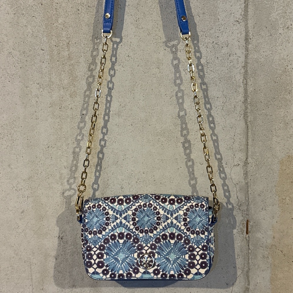 Tory Burch Blue Floral Coated Canvas Crossbody/Shoulder Bag - Picture 5 of 8